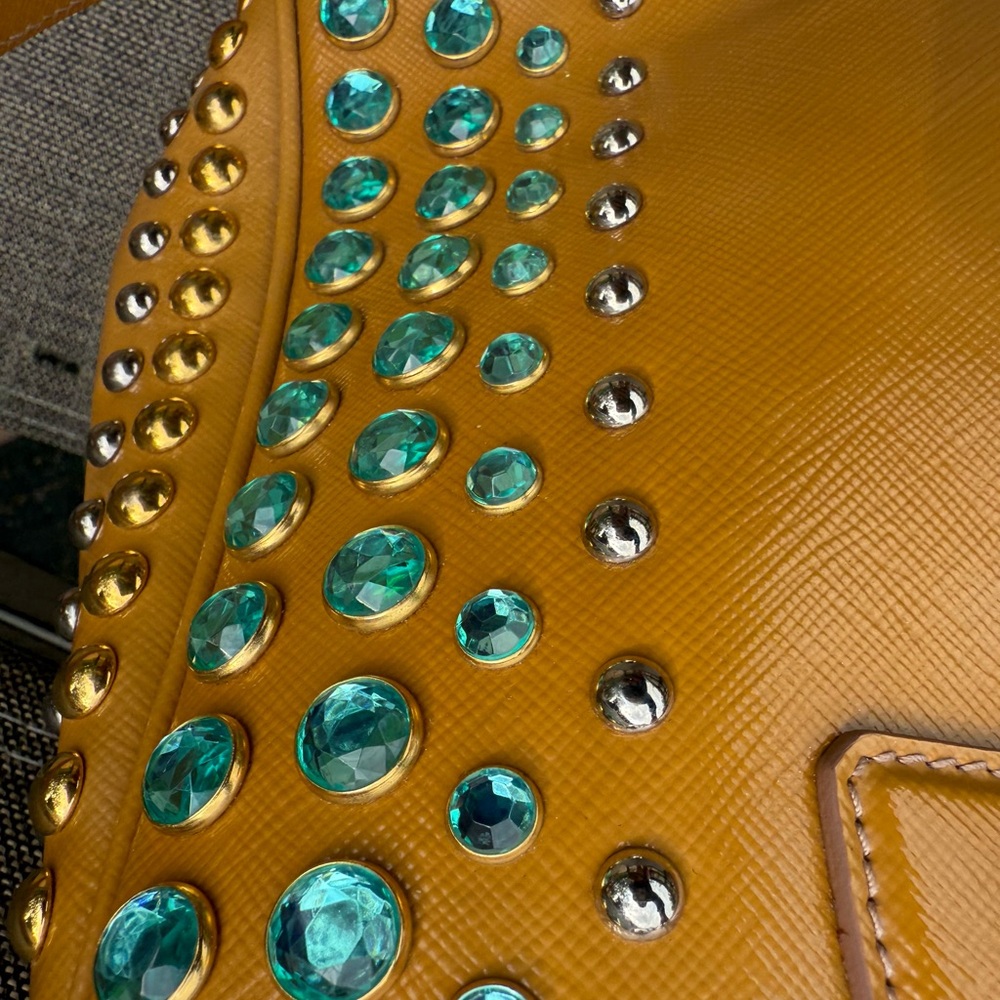 EUC! Prada Vintage Tan and Blue Studded Satchel Crossbody - Picture 7 of 7